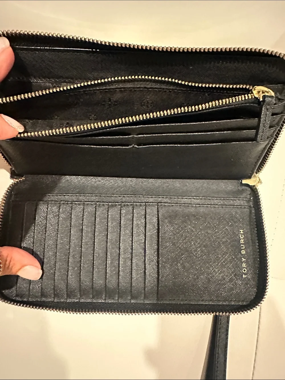 Tory Burch Black Saffiano Zip Wristlet with Gold Logo